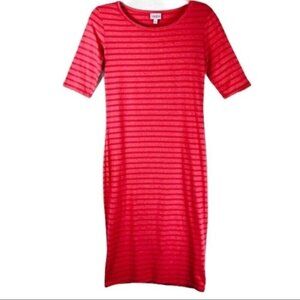 LuLaRoe Striped Dress Red Pink Julia Fitted Midi Short Sleeve Size XS